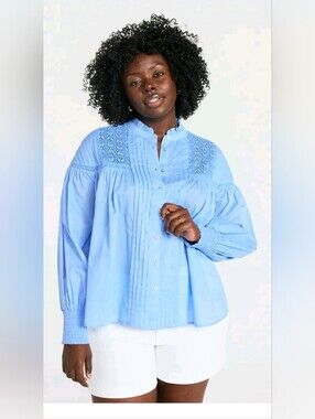Blue Button-Front Pintuck Blouse - Women
